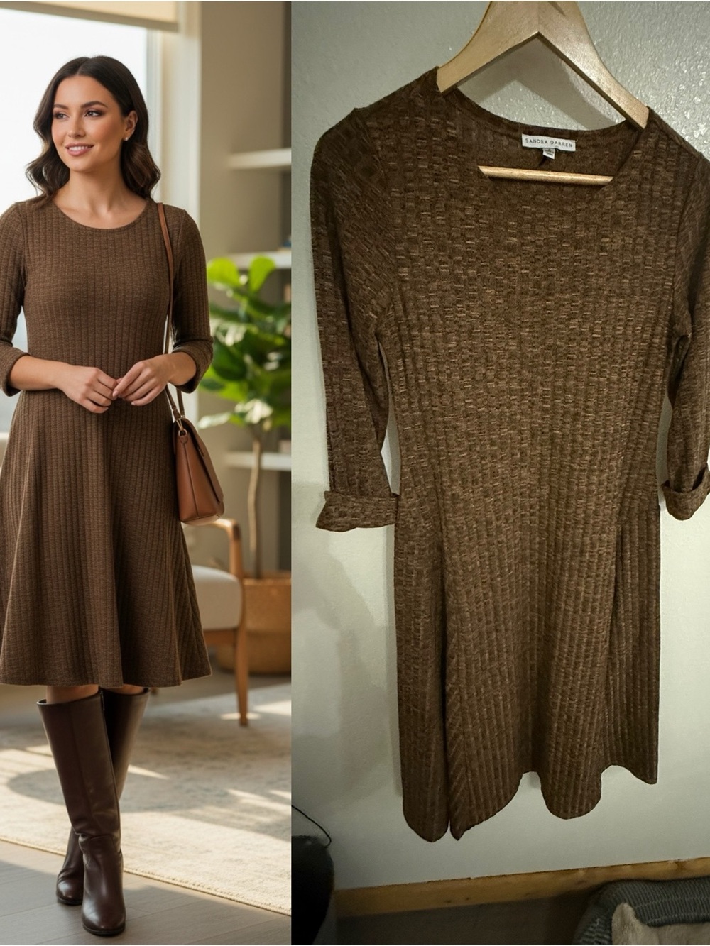 Sandra Darren Brown Ribbed Knit Fit & Flare Midi Dress 3/4 Sleeve Size S